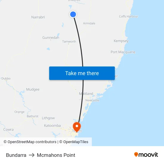Bundarra to Mcmahons Point map