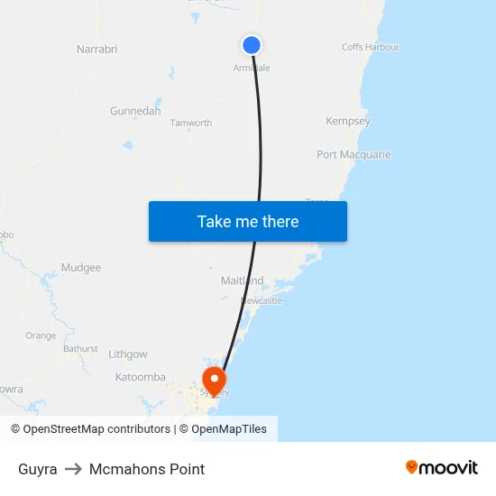 Guyra to Mcmahons Point map