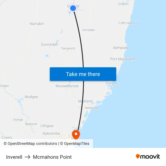 Inverell to Mcmahons Point map
