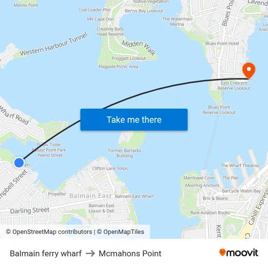 Balmain ferry wharf to Mcmahons Point map