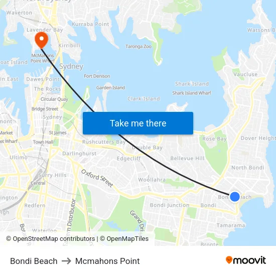 Bondi Beach to Mcmahons Point map