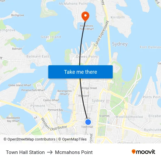 Town Hall Station to Mcmahons Point map