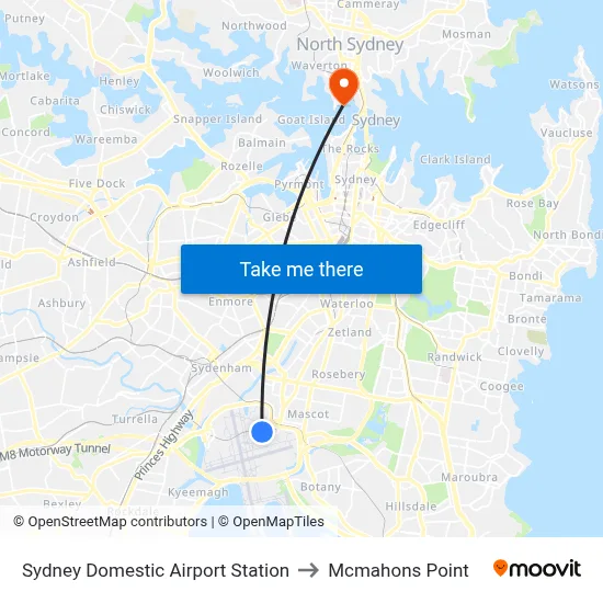 Sydney Domestic Airport Station to Mcmahons Point map