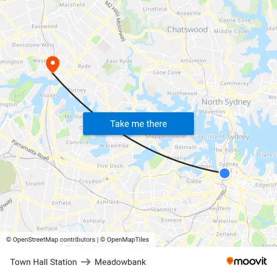 Town Hall Station to Meadowbank map