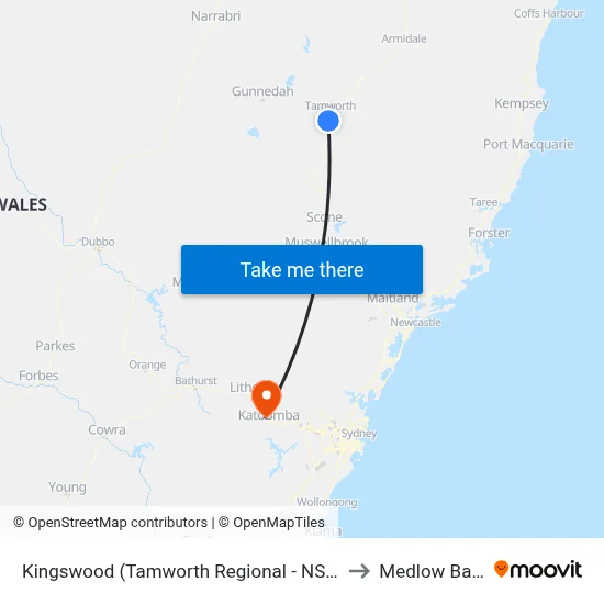 Kingswood (Tamworth Regional - NSW) to Medlow Bath map
