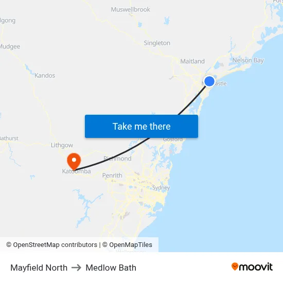 Mayfield North to Medlow Bath map