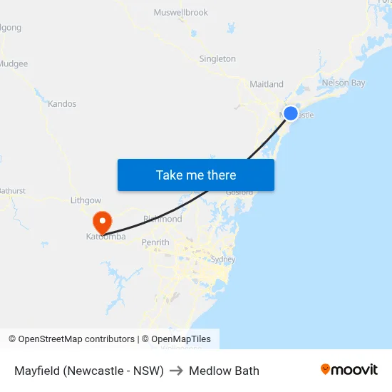 Mayfield (Newcastle - NSW) to Medlow Bath map