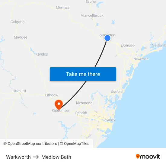 Warkworth to Medlow Bath map