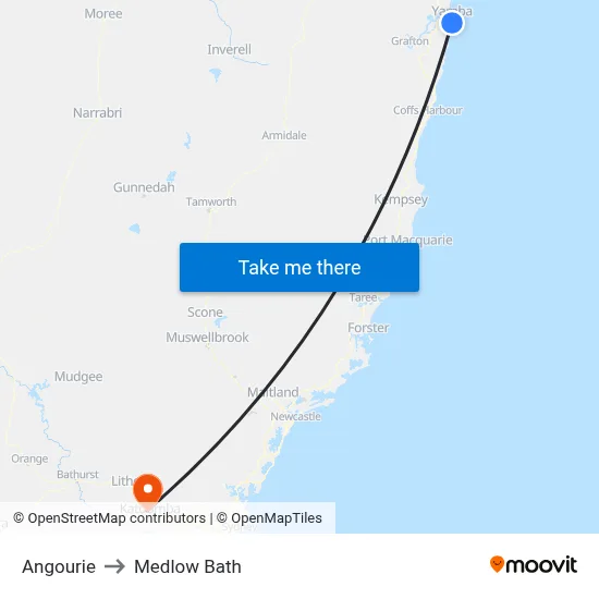 Angourie to Medlow Bath map