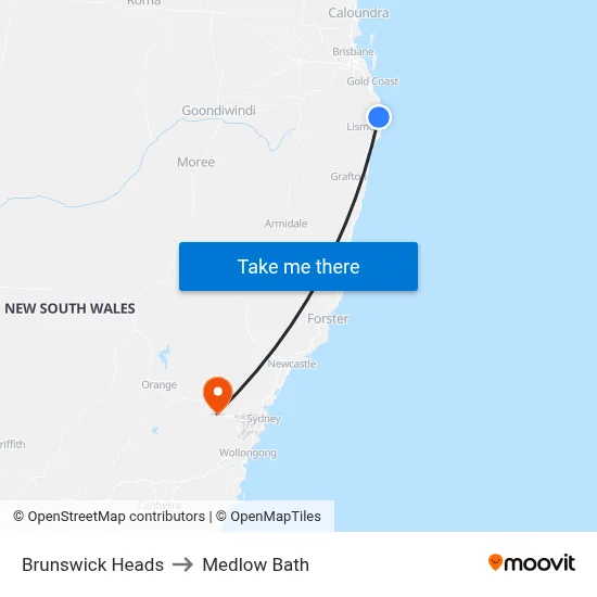 Brunswick Heads to Medlow Bath map
