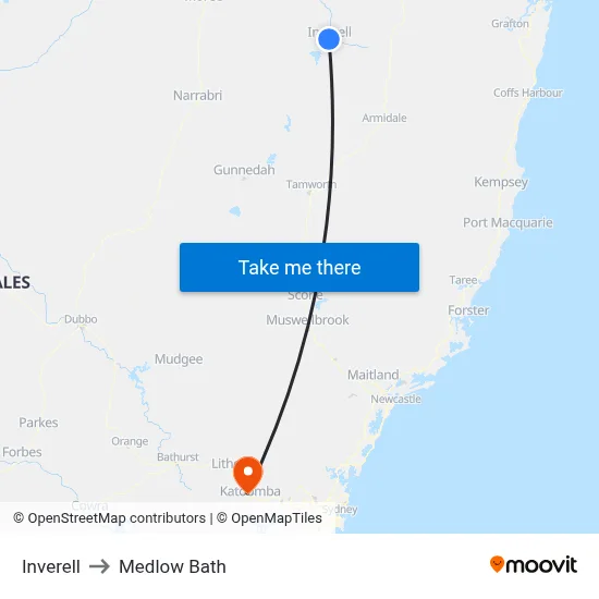 Inverell to Medlow Bath map
