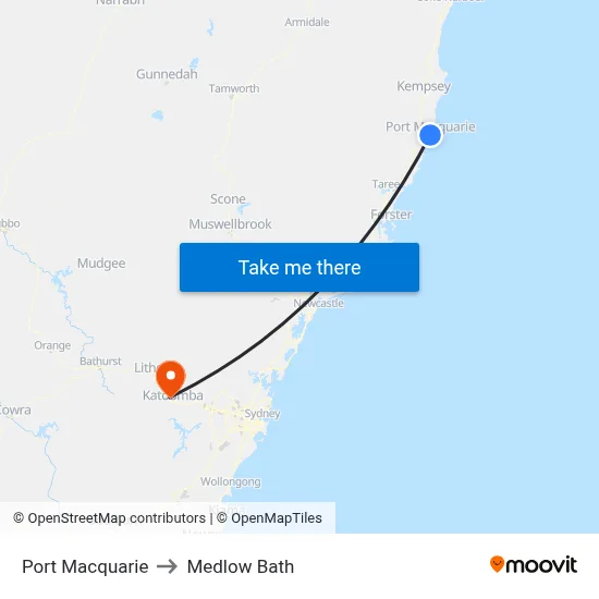 Port Macquarie to Medlow Bath map