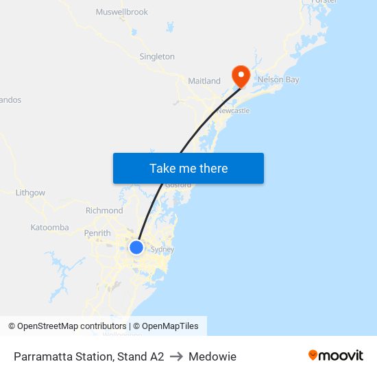 Parramatta Station, Stand A2 to Medowie map