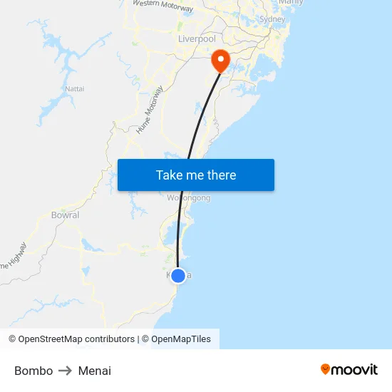 Bombo to Menai map