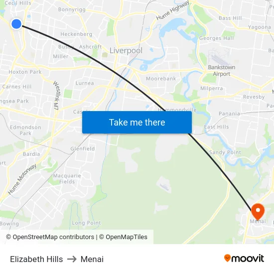 Elizabeth Hills to Menai map