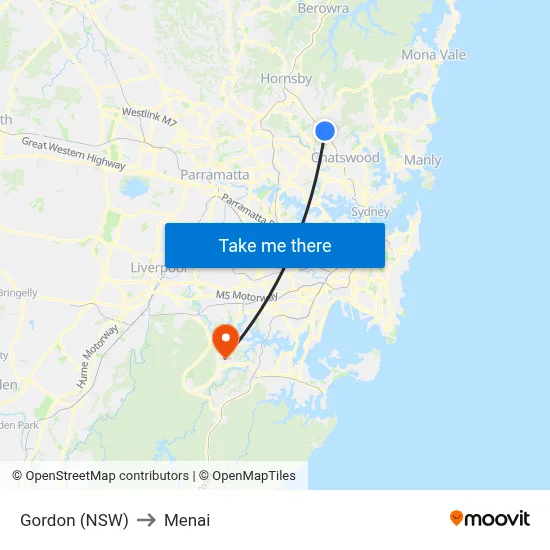 Gordon (NSW) to Menai map