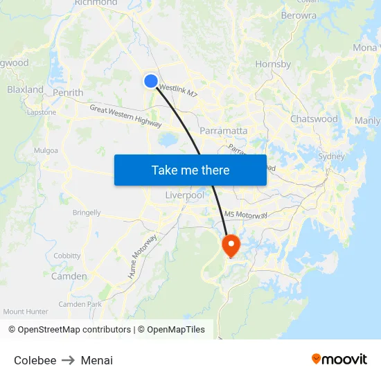 Colebee to Menai map
