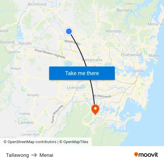 Tallawong to Menai map