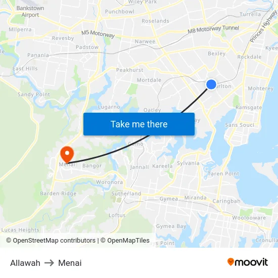 Allawah to Menai map