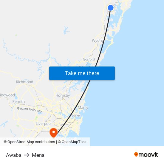 Awaba to Menai map