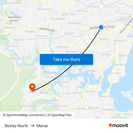 Bexley North to Menai map