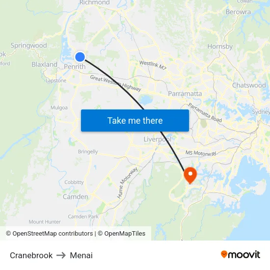 Cranebrook to Menai map