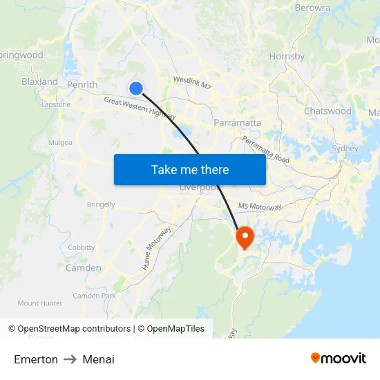 Emerton to Menai map