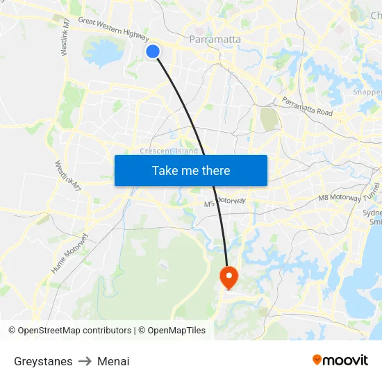 Greystanes to Menai map