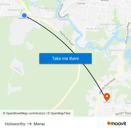 Holsworthy to Menai map