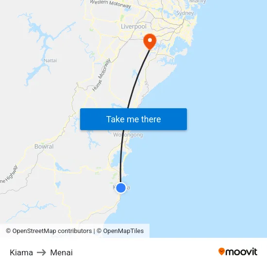 Kiama to Menai map