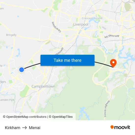 Kirkham to Menai map