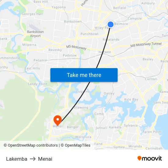 Lakemba to Menai map