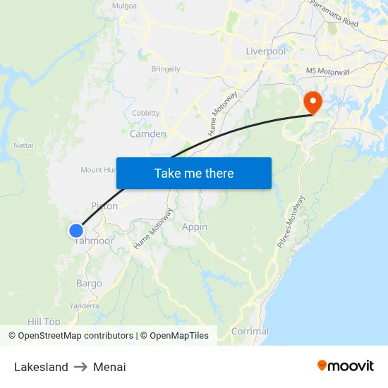 Lakesland to Menai map