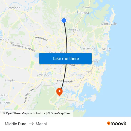 Middle Dural to Menai map