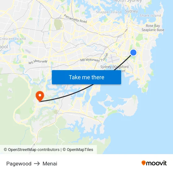 Pagewood to Menai map