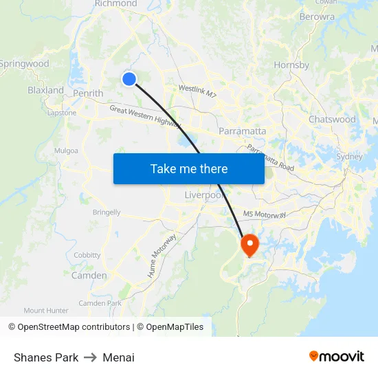 Shanes Park to Menai map