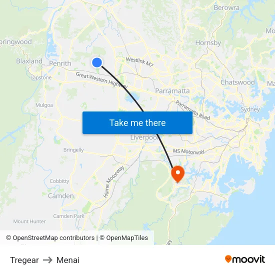 Tregear to Menai map