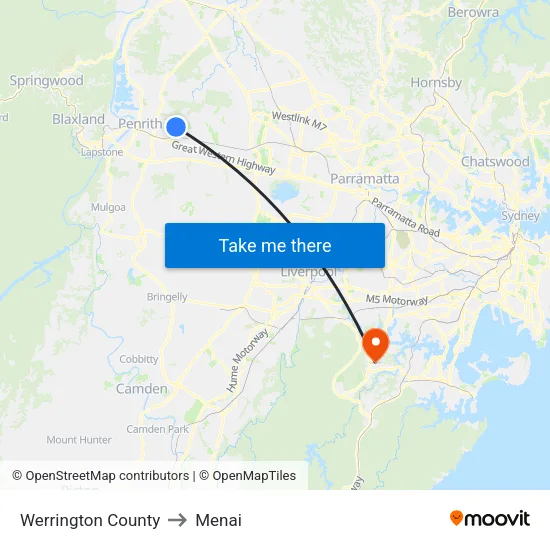 Werrington County to Menai map