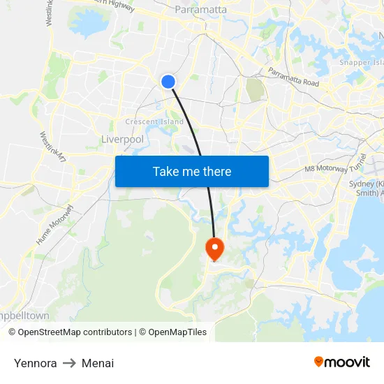 Yennora to Menai map
