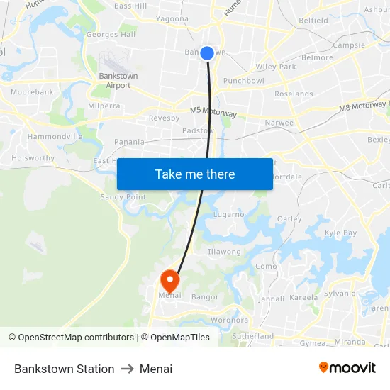 Bankstown Station to Menai map