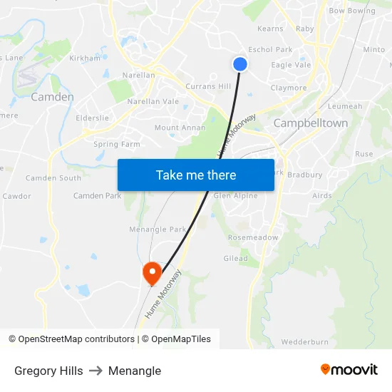 Gregory Hills to Menangle map