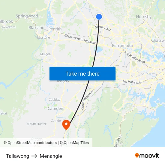 Tallawong to Menangle map