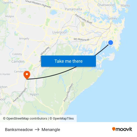 Banksmeadow to Menangle map