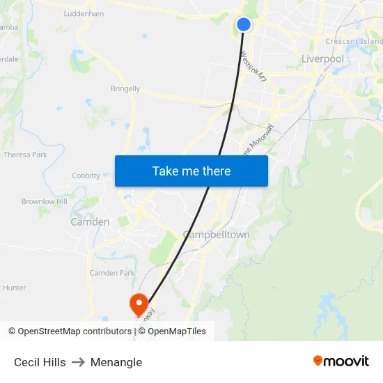 Cecil Hills to Menangle map