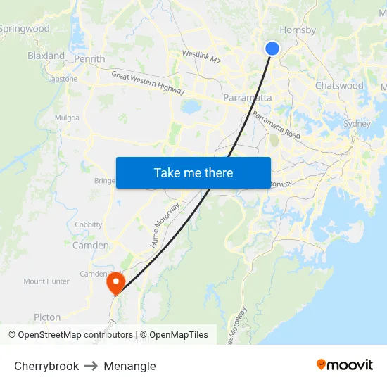 Cherrybrook to Menangle map