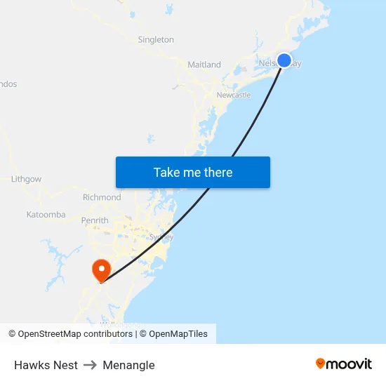 Hawks Nest to Menangle map
