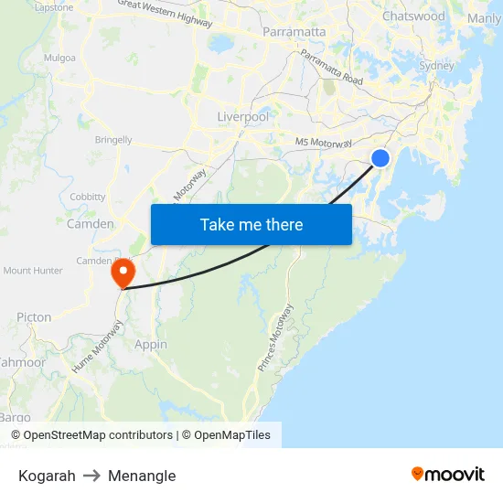 Kogarah to Menangle map