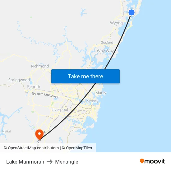 Lake Munmorah to Menangle map