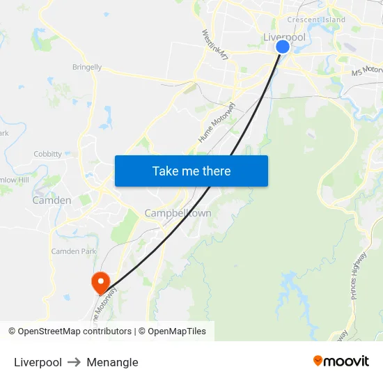Liverpool to Menangle map