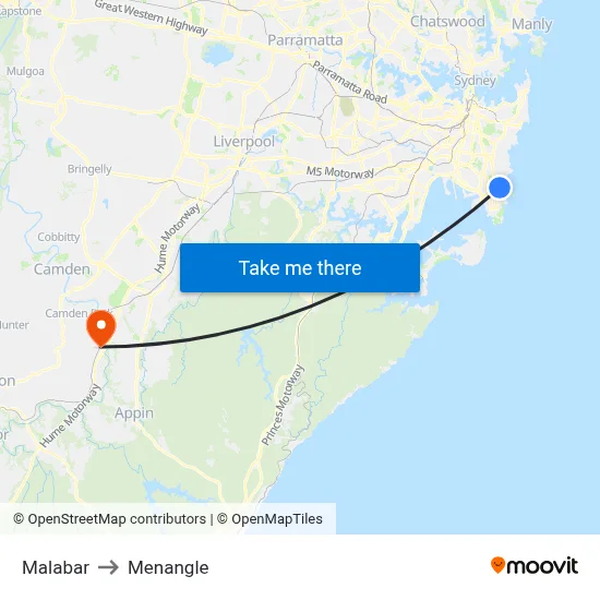 Malabar to Menangle map